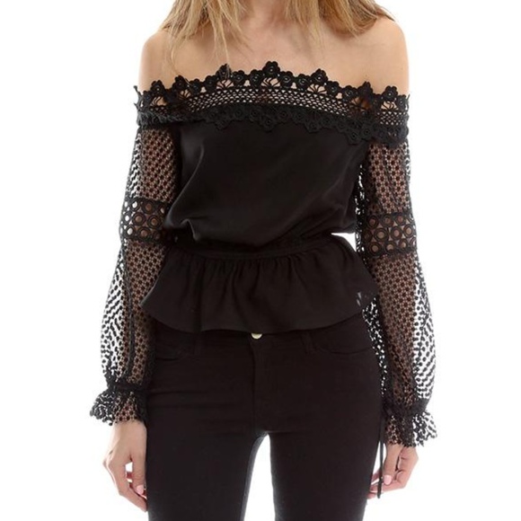 Self-Portrait Tops - Self Portrait Black Lace Off the Shoulder Top 8